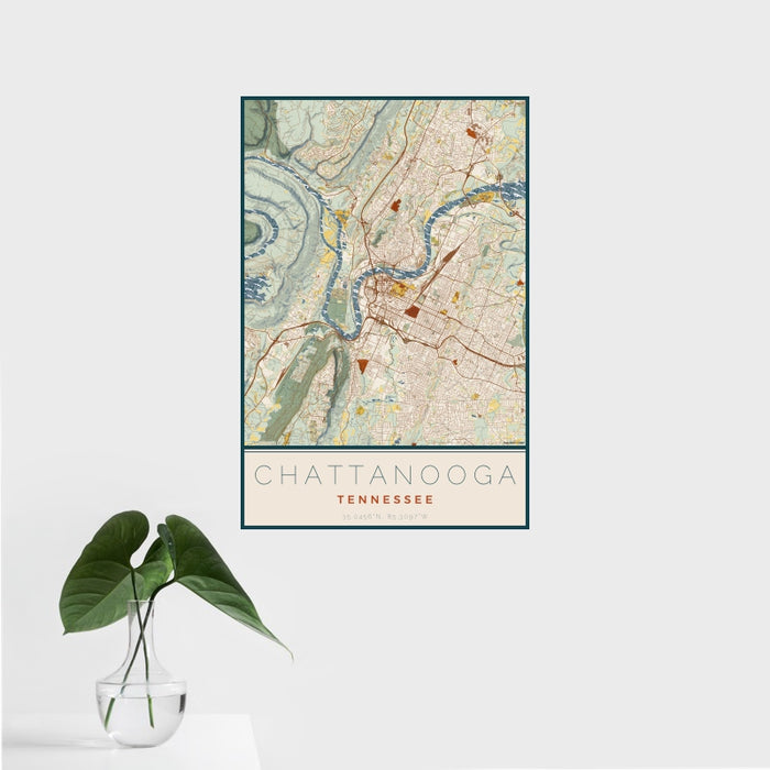 16x24 Chattanooga Tennessee Map Print Portrait Orientation in Woodblock Style With Tropical Plant Leaves in Water