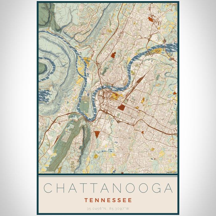 Chattanooga Tennessee Map Print Portrait Orientation in Woodblock Style With Shaded Background