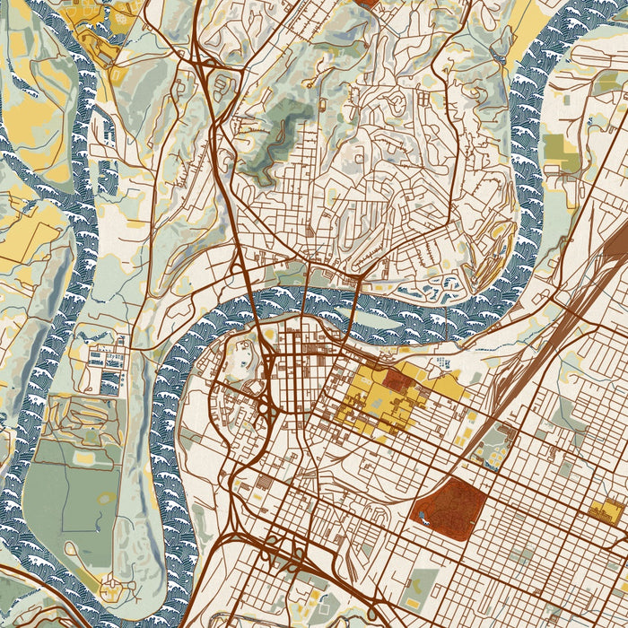 Chattanooga Tennessee Map Print in Woodblock Style Zoomed In Close Up Showing Details