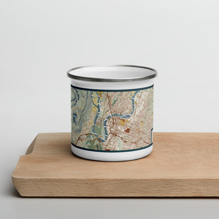 Front View Custom Chattanooga Tennessee Map Enamel Mug in Woodblock on Cutting Board