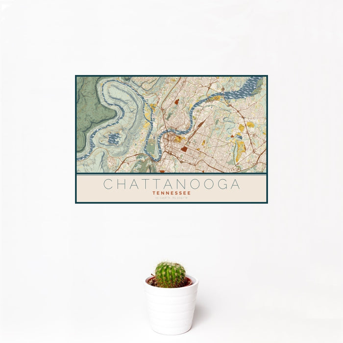12x18 Chattanooga Tennessee Map Print Landscape Orientation in Woodblock Style With Small Cactus Plant in White Planter