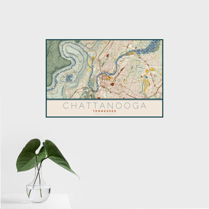 16x24 Chattanooga Tennessee Map Print Landscape Orientation in Woodblock Style With Tropical Plant Leaves in Water
