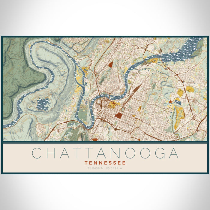 Chattanooga Tennessee Map Print Landscape Orientation in Woodblock Style With Shaded Background