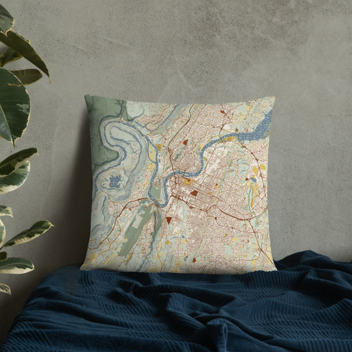 Custom Chattanooga Tennessee Map Throw Pillow in Woodblock on Bedding Against Wall