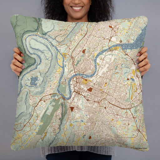 Person holding 22x22 Custom Chattanooga Tennessee Map Throw Pillow in Woodblock