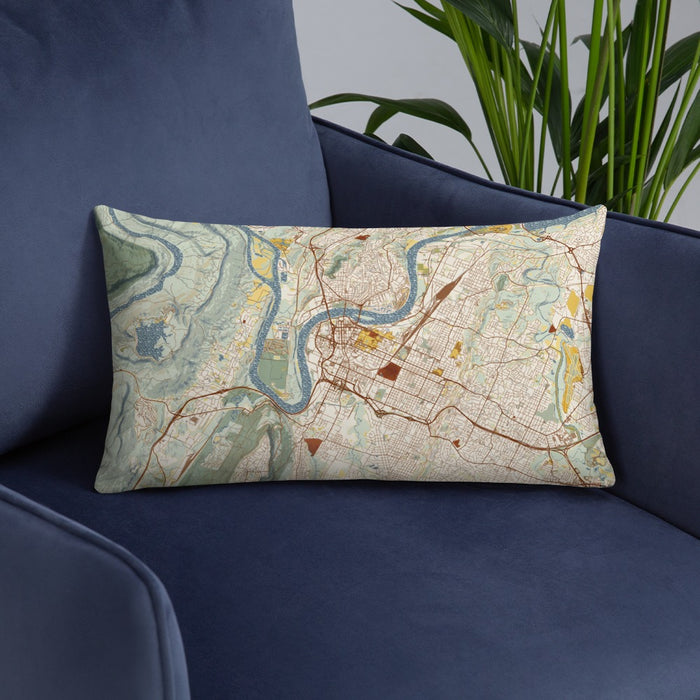 Custom Chattanooga Tennessee Map Throw Pillow in Woodblock on Blue Colored Chair