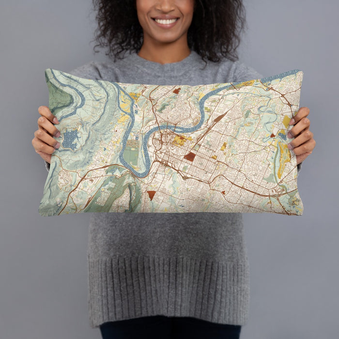 Person holding 20x12 Custom Chattanooga Tennessee Map Throw Pillow in Woodblock