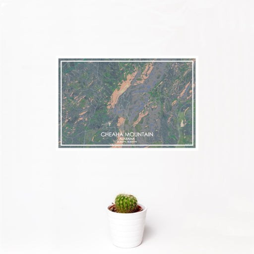 12x18 Cheaha Mountain Alabama Map Print Landscape Orientation in Afternoon Style With Small Cactus Plant in White Planter