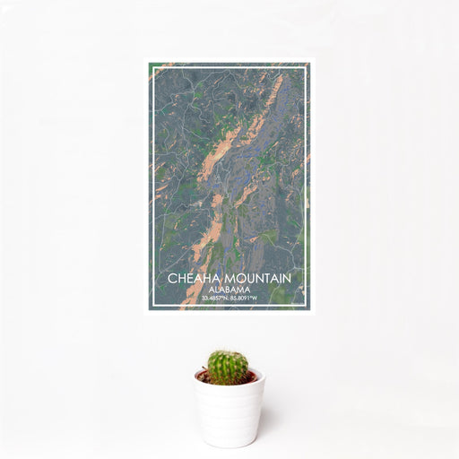 12x18 Cheaha Mountain Alabama Map Print Portrait Orientation in Afternoon Style With Small Cactus Plant in White Planter