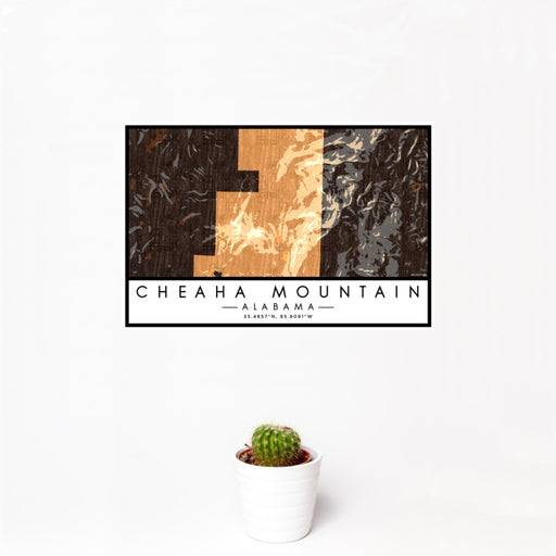 12x18 Cheaha Mountain Alabama Map Print Landscape Orientation in Ember Style With Small Cactus Plant in White Planter