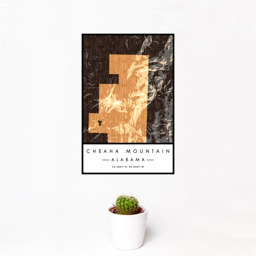 12x18 Cheaha Mountain Alabama Map Print Portrait Orientation in Ember Style With Small Cactus Plant in White Planter