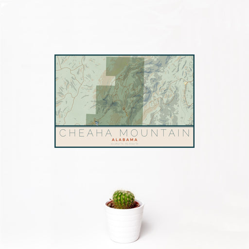 12x18 Cheaha Mountain Alabama Map Print Landscape Orientation in Woodblock Style With Small Cactus Plant in White Planter