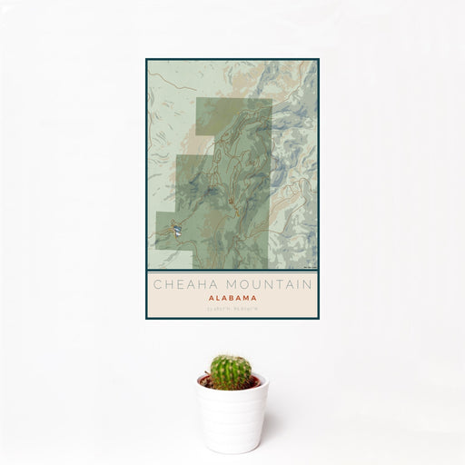 12x18 Cheaha Mountain Alabama Map Print Portrait Orientation in Woodblock Style With Small Cactus Plant in White Planter