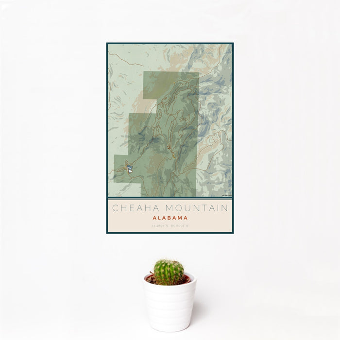 12x18 Cheaha Mountain Alabama Map Print Portrait Orientation in Woodblock Style With Small Cactus Plant in White Planter