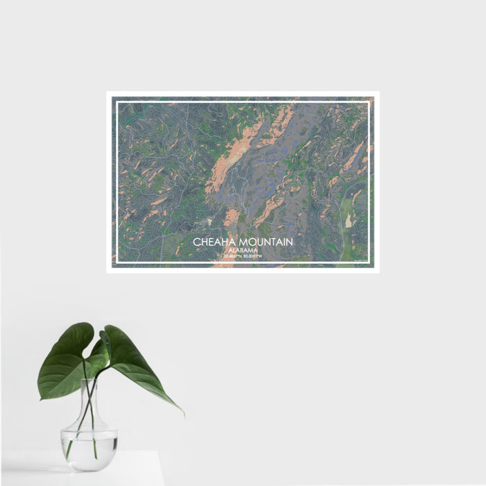 16x24 Cheaha Mountain Alabama Map Print Landscape Orientation in Afternoon Style With Tropical Plant Leaves in Water