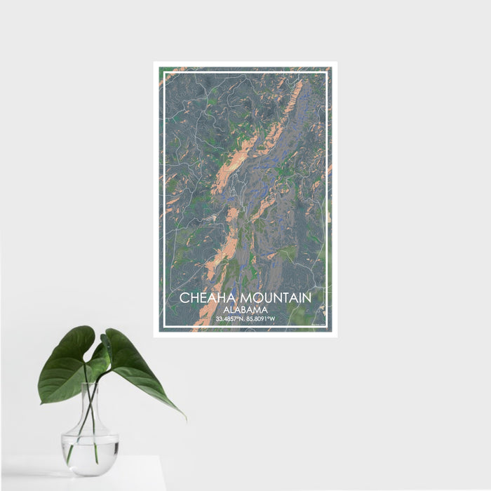 16x24 Cheaha Mountain Alabama Map Print Portrait Orientation in Afternoon Style With Tropical Plant Leaves in Water