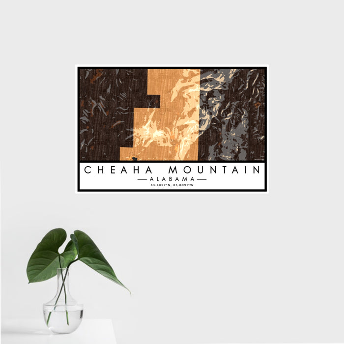 16x24 Cheaha Mountain Alabama Map Print Landscape Orientation in Ember Style With Tropical Plant Leaves in Water