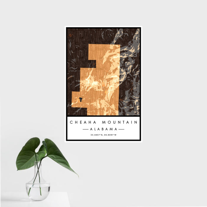 16x24 Cheaha Mountain Alabama Map Print Portrait Orientation in Ember Style With Tropical Plant Leaves in Water