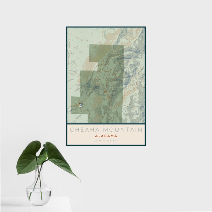 16x24 Cheaha Mountain Alabama Map Print Portrait Orientation in Woodblock Style With Tropical Plant Leaves in Water