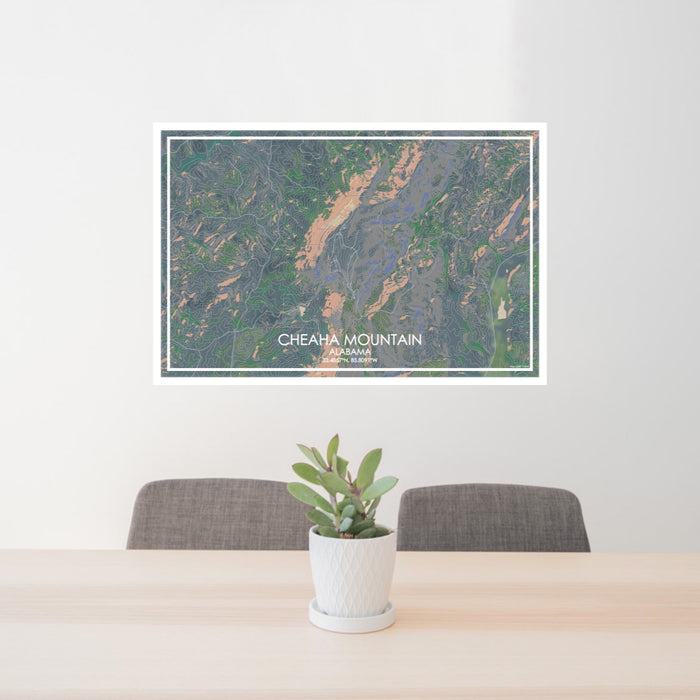 24x36 Cheaha Mountain Alabama Map Print Lanscape Orientation in Afternoon Style Behind 2 Chairs Table and Potted Plant