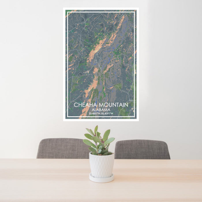 24x36 Cheaha Mountain Alabama Map Print Portrait Orientation in Afternoon Style Behind 2 Chairs Table and Potted Plant