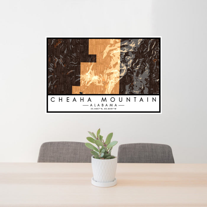 24x36 Cheaha Mountain Alabama Map Print Lanscape Orientation in Ember Style Behind 2 Chairs Table and Potted Plant