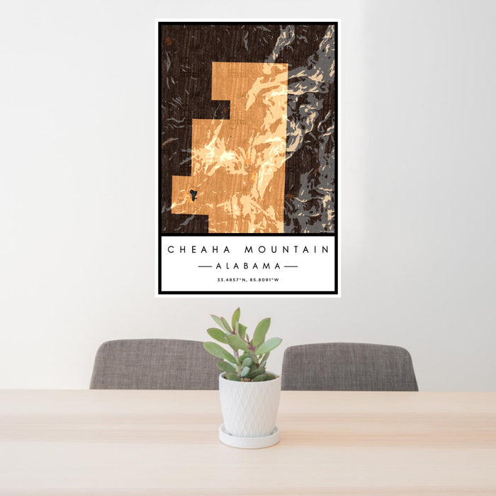 24x36 Cheaha Mountain Alabama Map Print Portrait Orientation in Ember Style Behind 2 Chairs Table and Potted Plant