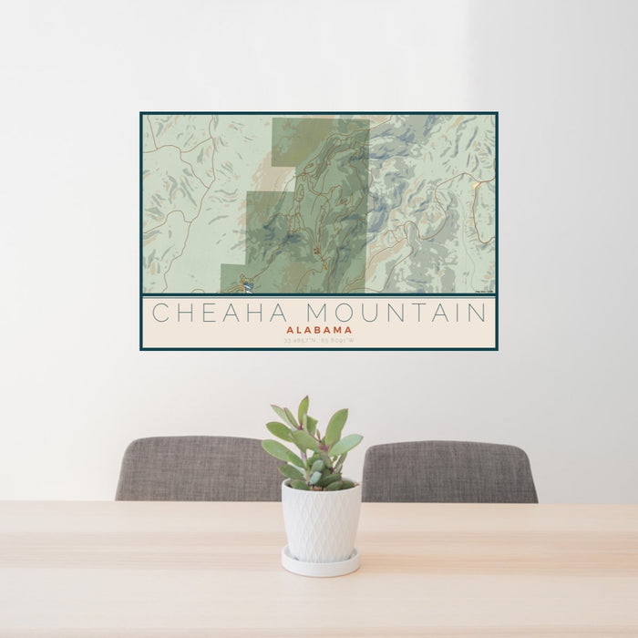 24x36 Cheaha Mountain Alabama Map Print Lanscape Orientation in Woodblock Style Behind 2 Chairs Table and Potted Plant