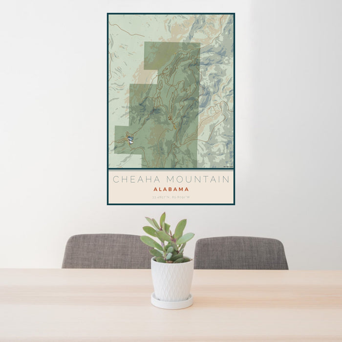 24x36 Cheaha Mountain Alabama Map Print Portrait Orientation in Woodblock Style Behind 2 Chairs Table and Potted Plant