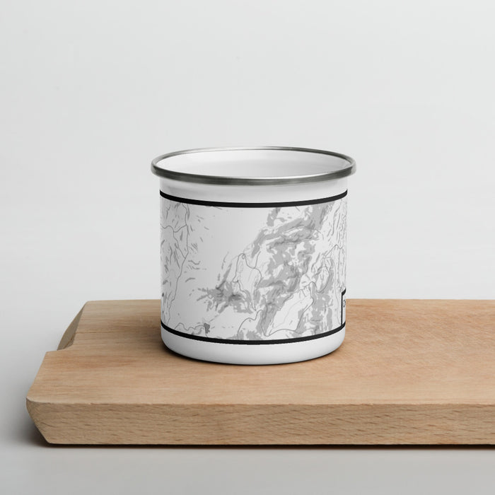 Front View Custom Cheaha Mountain Alabama Map Enamel Mug in Classic on Cutting Board