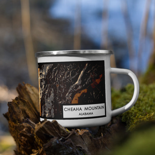 Right View Custom Cheaha Mountain Alabama Map Enamel Mug in Ember on Grass With Trees in Background