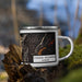 Right View Custom Cheaha Mountain Alabama Map Enamel Mug in Ember on Grass With Trees in Background