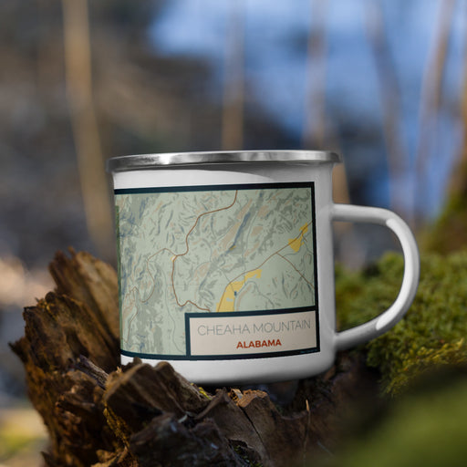 Right View Custom Cheaha Mountain Alabama Map Enamel Mug in Woodblock on Grass With Trees in Background