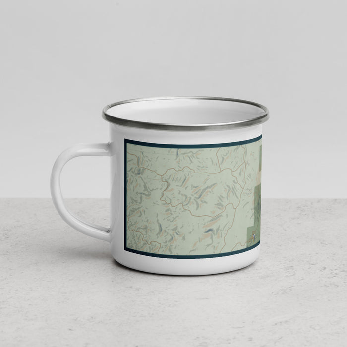 Left View Custom Cheaha Mountain Alabama Map Enamel Mug in Woodblock