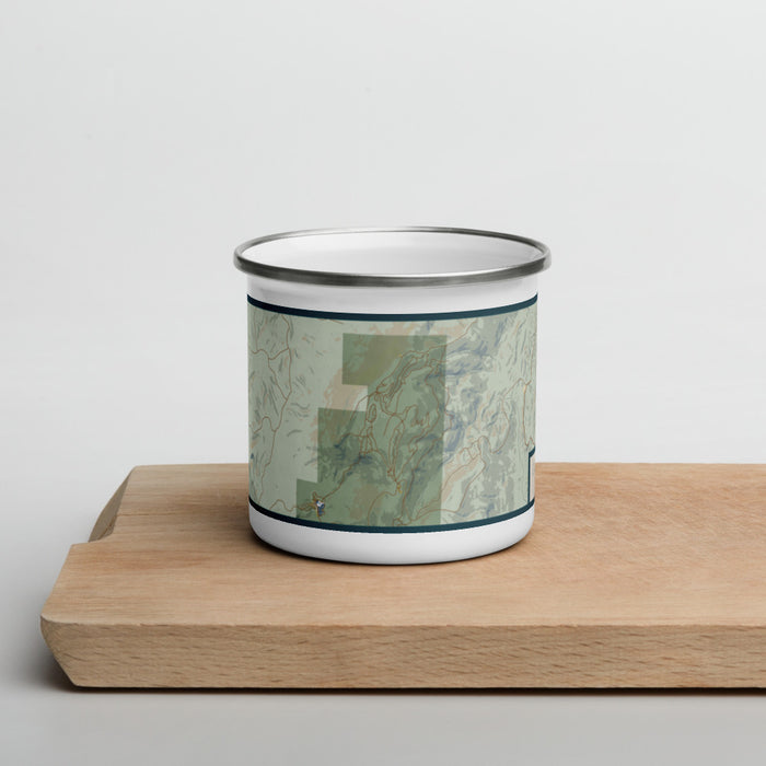 Front View Custom Cheaha Mountain Alabama Map Enamel Mug in Woodblock on Cutting Board