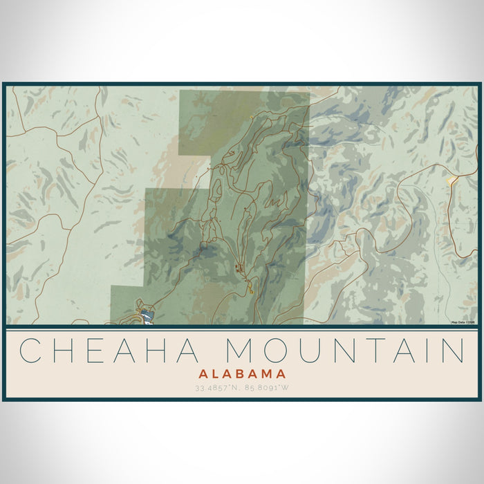 Cheaha Mountain Alabama Map Print Landscape Orientation in Woodblock Style With Shaded Background