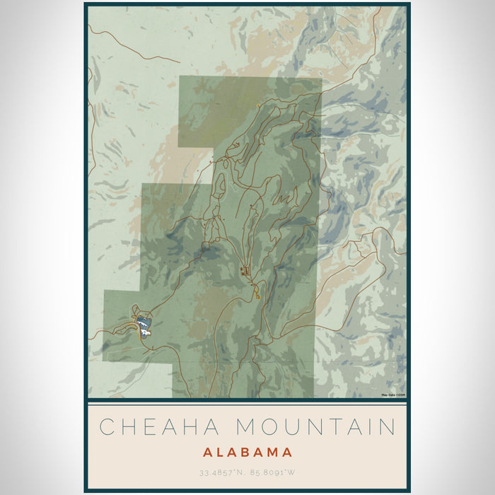 Cheaha Mountain Alabama Map Print Portrait Orientation in Woodblock Style With Shaded Background