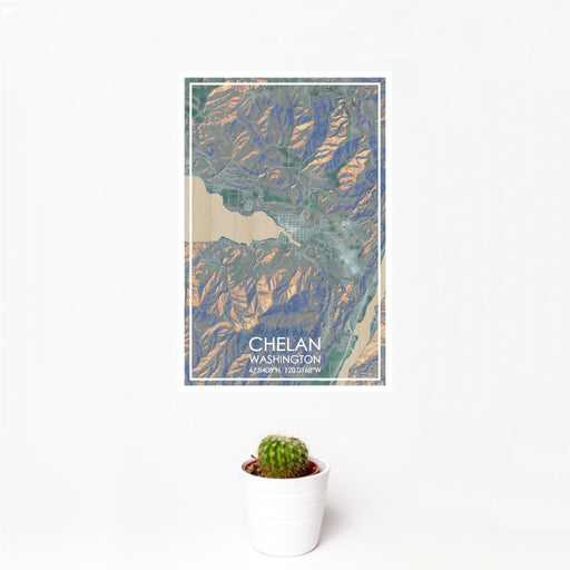 12x18 Chelan Washington Map Print Portrait Orientation in Afternoon Style With Small Cactus Plant in White Planter