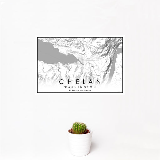 12x18 Chelan Washington Map Print Landscape Orientation in Classic Style With Small Cactus Plant in White Planter