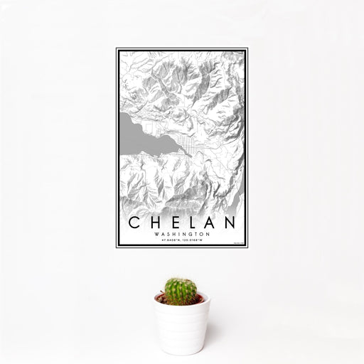 12x18 Chelan Washington Map Print Portrait Orientation in Classic Style With Small Cactus Plant in White Planter