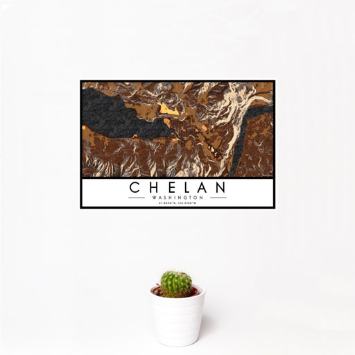 12x18 Chelan Washington Map Print Landscape Orientation in Ember Style With Small Cactus Plant in White Planter