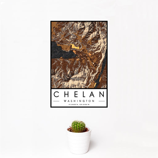 12x18 Chelan Washington Map Print Portrait Orientation in Ember Style With Small Cactus Plant in White Planter