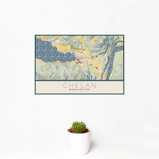12x18 Chelan Washington Map Print Landscape Orientation in Woodblock Style With Small Cactus Plant in White Planter