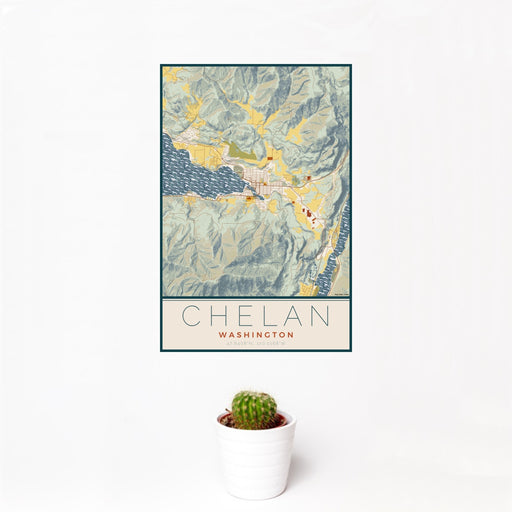 12x18 Chelan Washington Map Print Portrait Orientation in Woodblock Style With Small Cactus Plant in White Planter