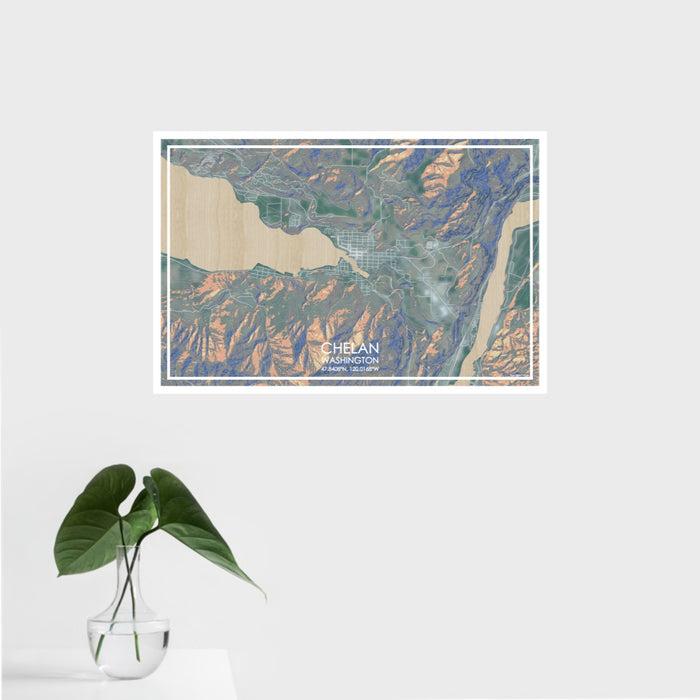 16x24 Chelan Washington Map Print Landscape Orientation in Afternoon Style With Tropical Plant Leaves in Water