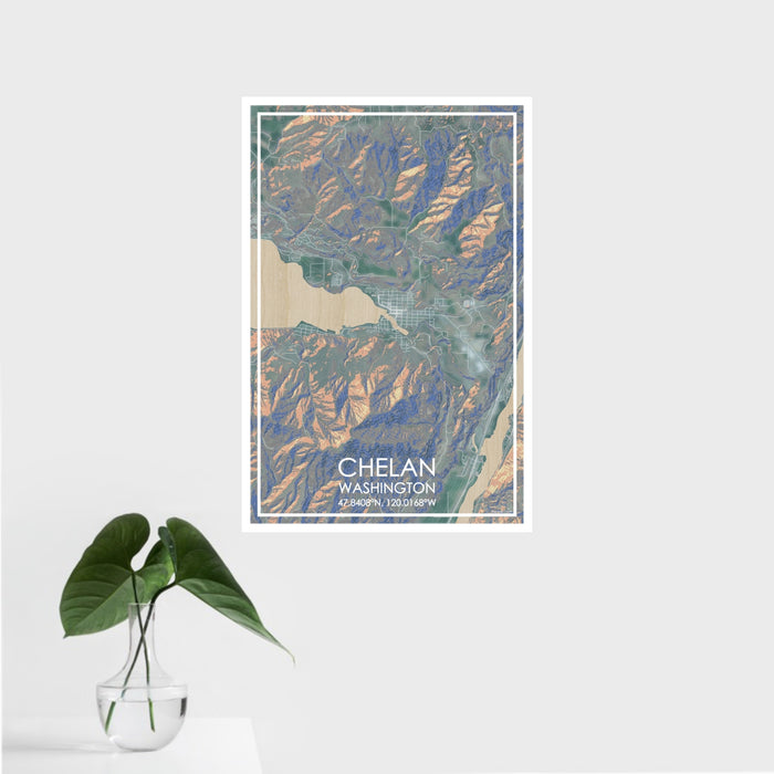 16x24 Chelan Washington Map Print Portrait Orientation in Afternoon Style With Tropical Plant Leaves in Water