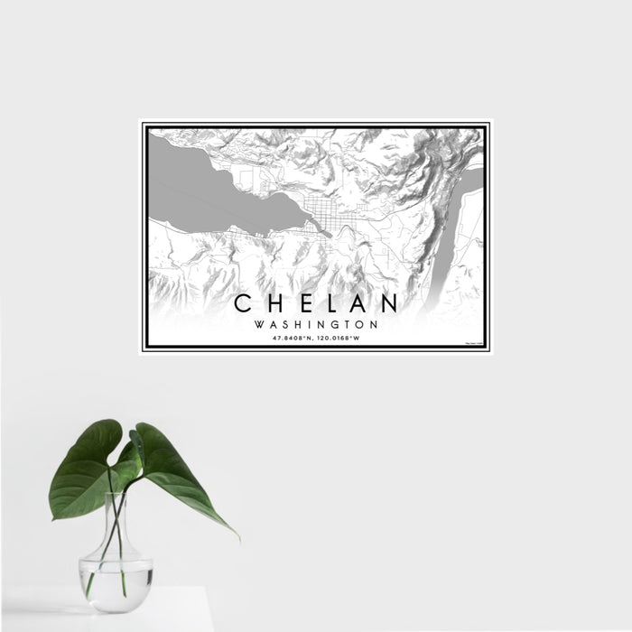 16x24 Chelan Washington Map Print Landscape Orientation in Classic Style With Tropical Plant Leaves in Water