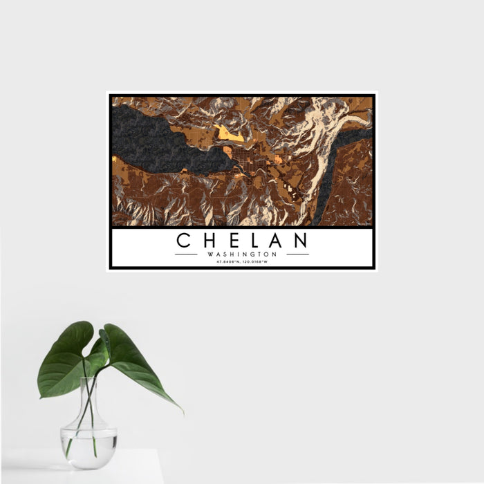 16x24 Chelan Washington Map Print Landscape Orientation in Ember Style With Tropical Plant Leaves in Water
