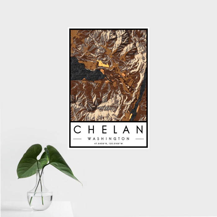 16x24 Chelan Washington Map Print Portrait Orientation in Ember Style With Tropical Plant Leaves in Water