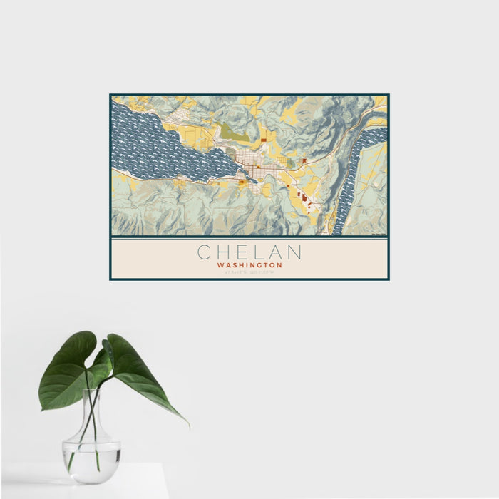 16x24 Chelan Washington Map Print Landscape Orientation in Woodblock Style With Tropical Plant Leaves in Water